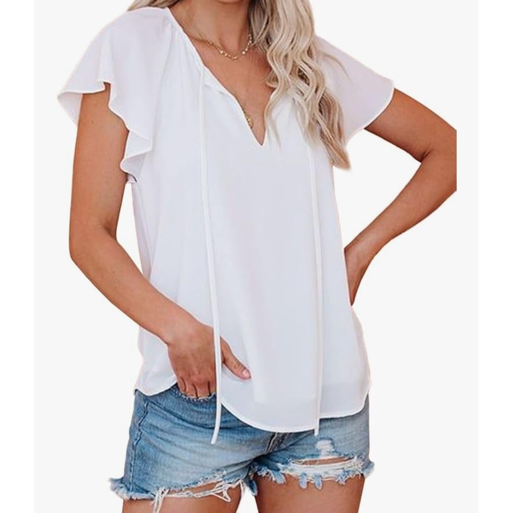 Boho Ruffle Sleeve Blouse Womens Medium White V-Neck Drawstring Top Western New